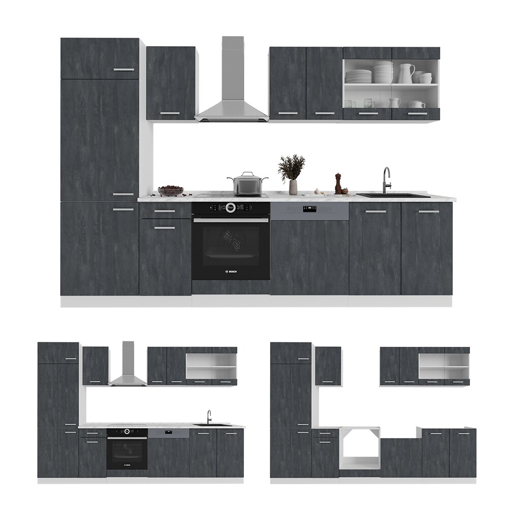 Vicco Küchenzeile R-Line 300 cm Schwarz Beton Weiß ohne Arbeitsplatte
