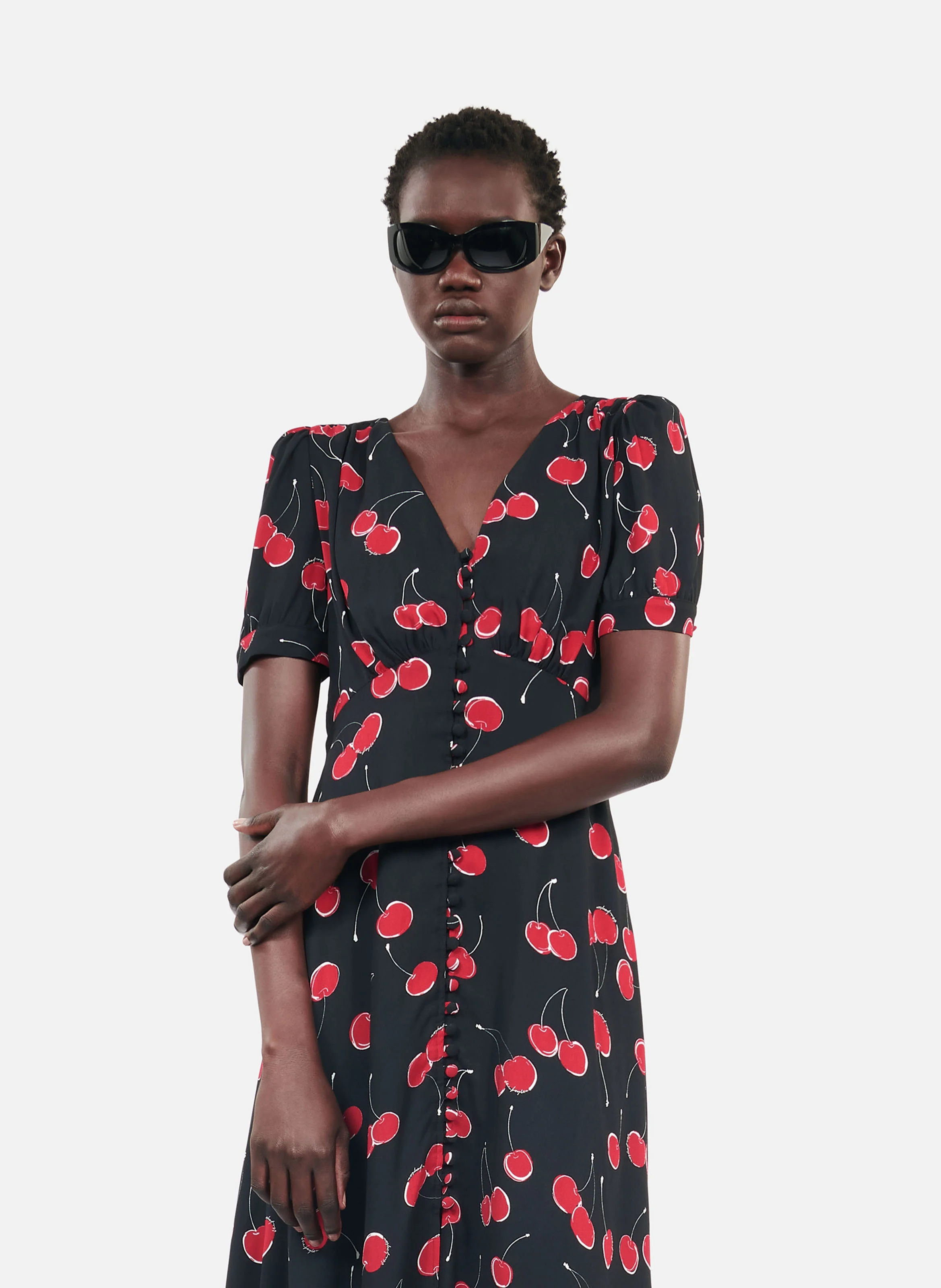 Robe longue col V imprimé cerise | Noir