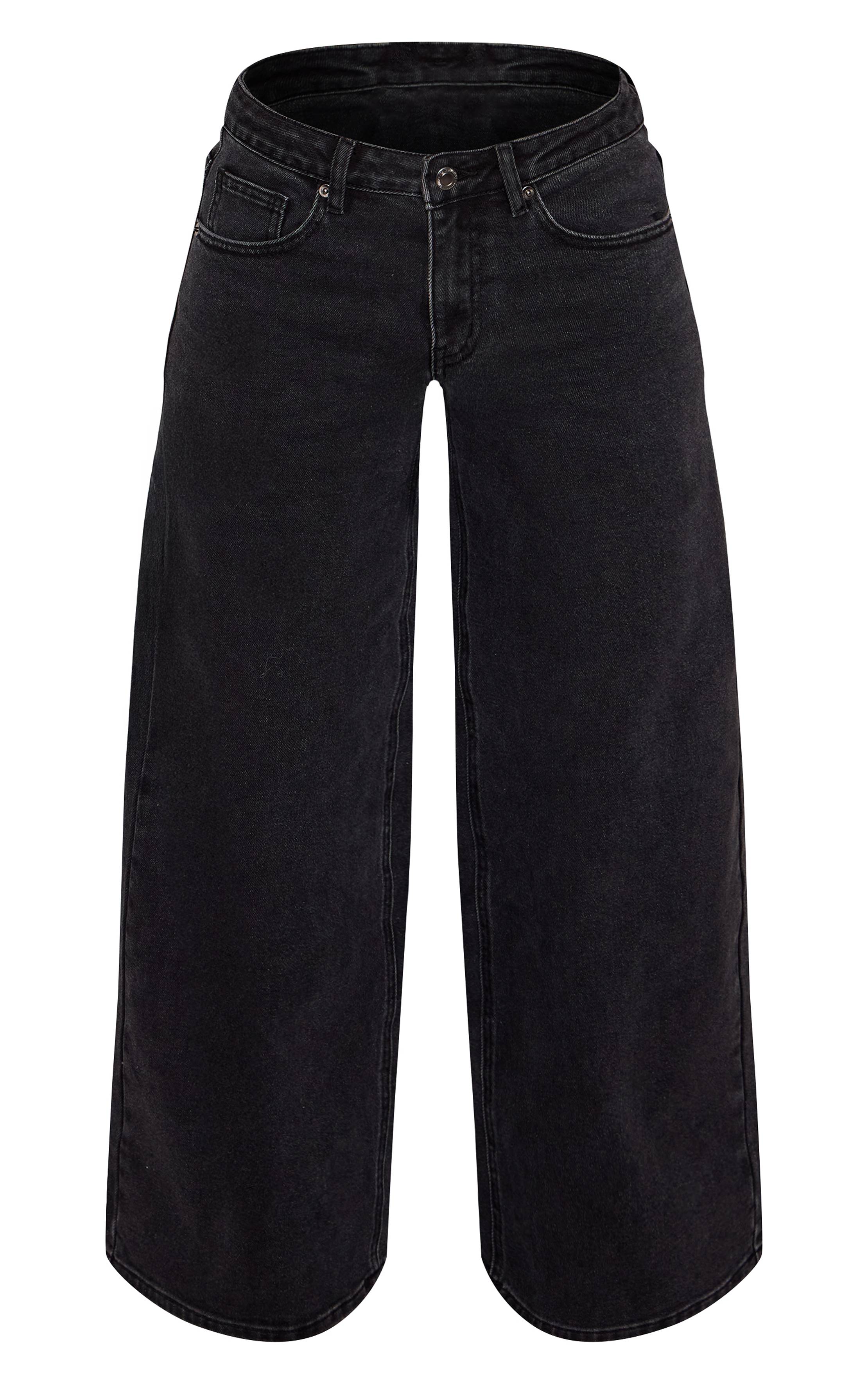 Noir Délavé Jean Petite Taille Haute Stretch À Jambes Larges