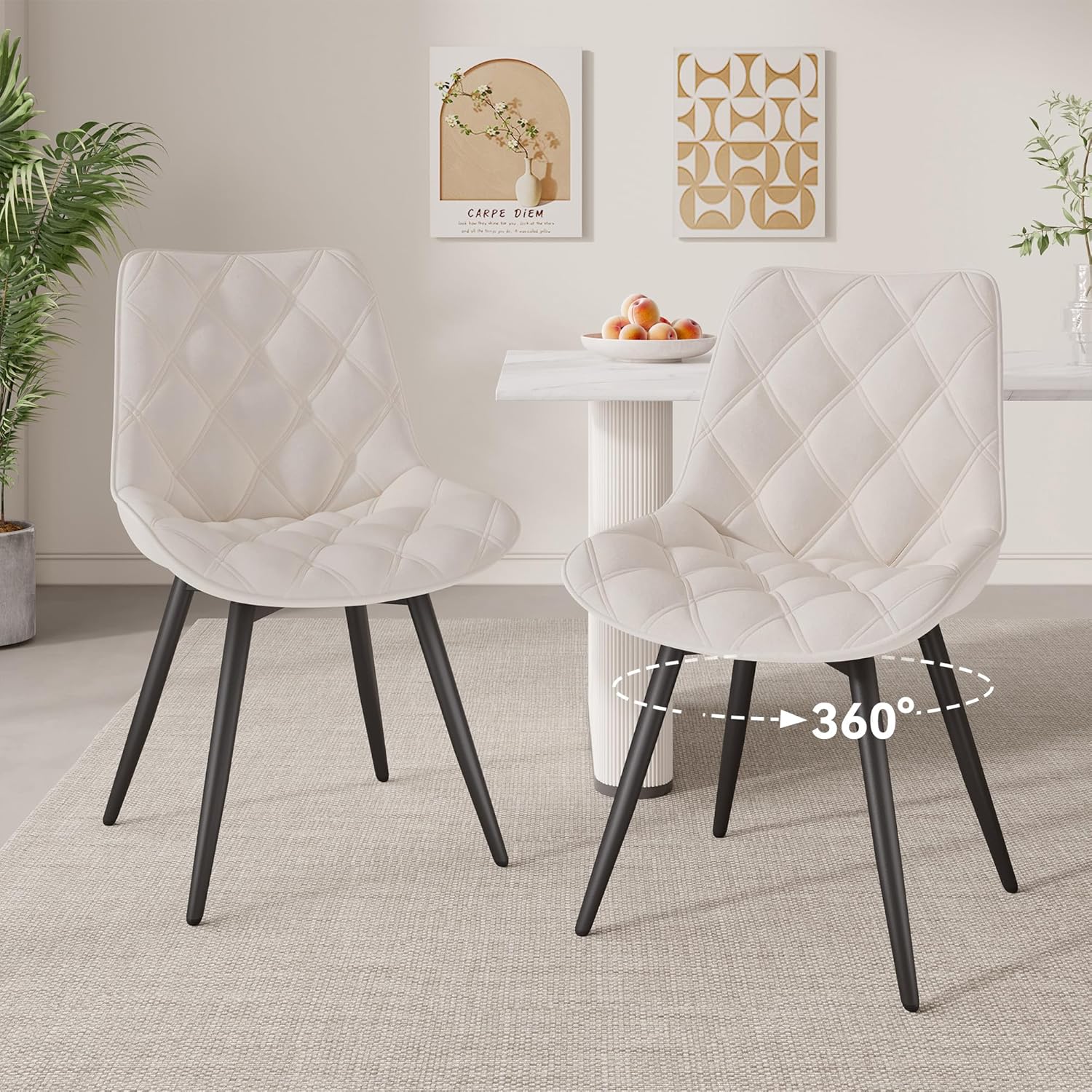 Esszimmerstuhl 360° Drehstuhl Polsterstuhl drehbar, künstlicher Stoff Dining Chair, Küchenstuhl mit Rückenlehne, Moderne Sessel, Weiß, 2er Set