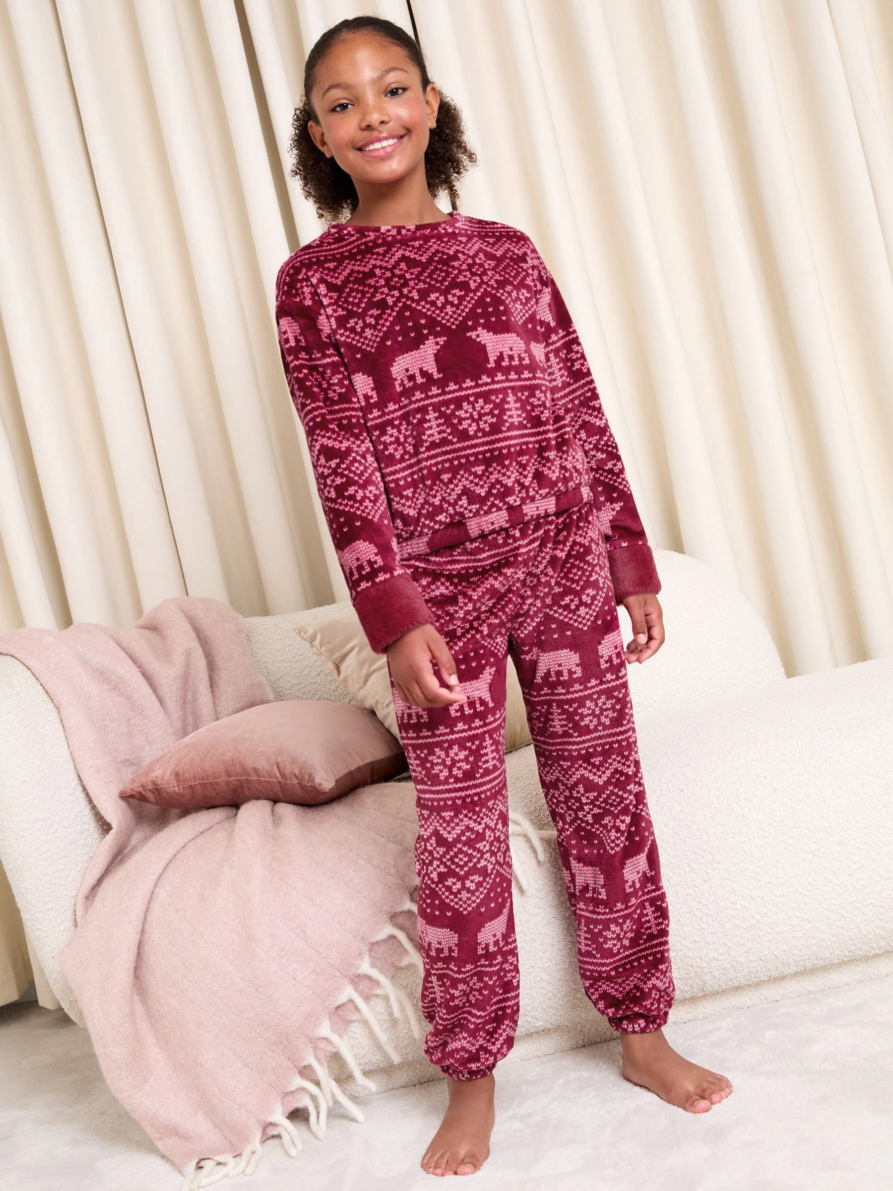Botdeauxrood ijsbeer - Lipsy kerstmis zachte Fairisle Twosie pyjama (5-16jr)