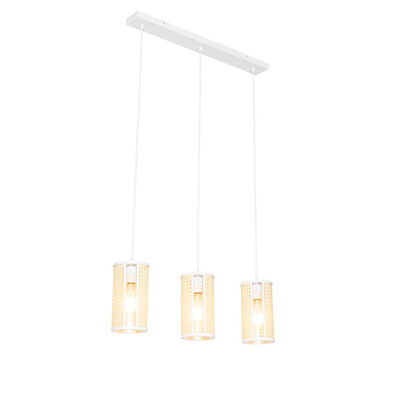Oosterse hanglamp wit met rotan 3-lichts langwerpig - Akira