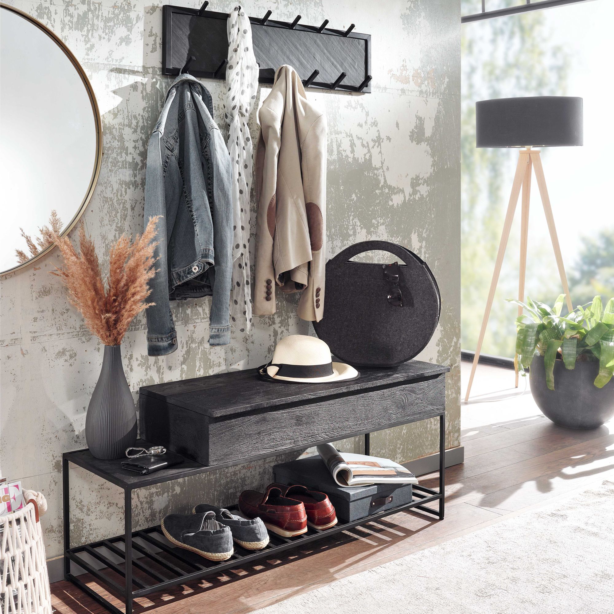 KADIMA DESIGN Industrial Garderoben-Set, Mango Massivholz, Wandgarderobe, Sitzbank, Regal