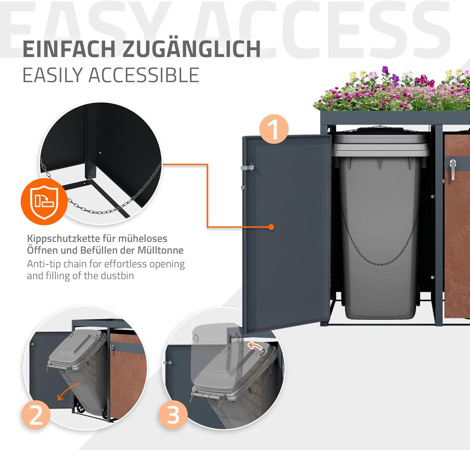ML-Design Mülltonnenbox 2er mit Pflanzdach für 2 Tonnen, 240L 132x80x124 cm, Rost-Optik, Stahl, wetterfest, Abschließbare Mülltonnenverkleidung mit Tür, Müllbox Mülltonnecontainer Mülltonnenabdeckung