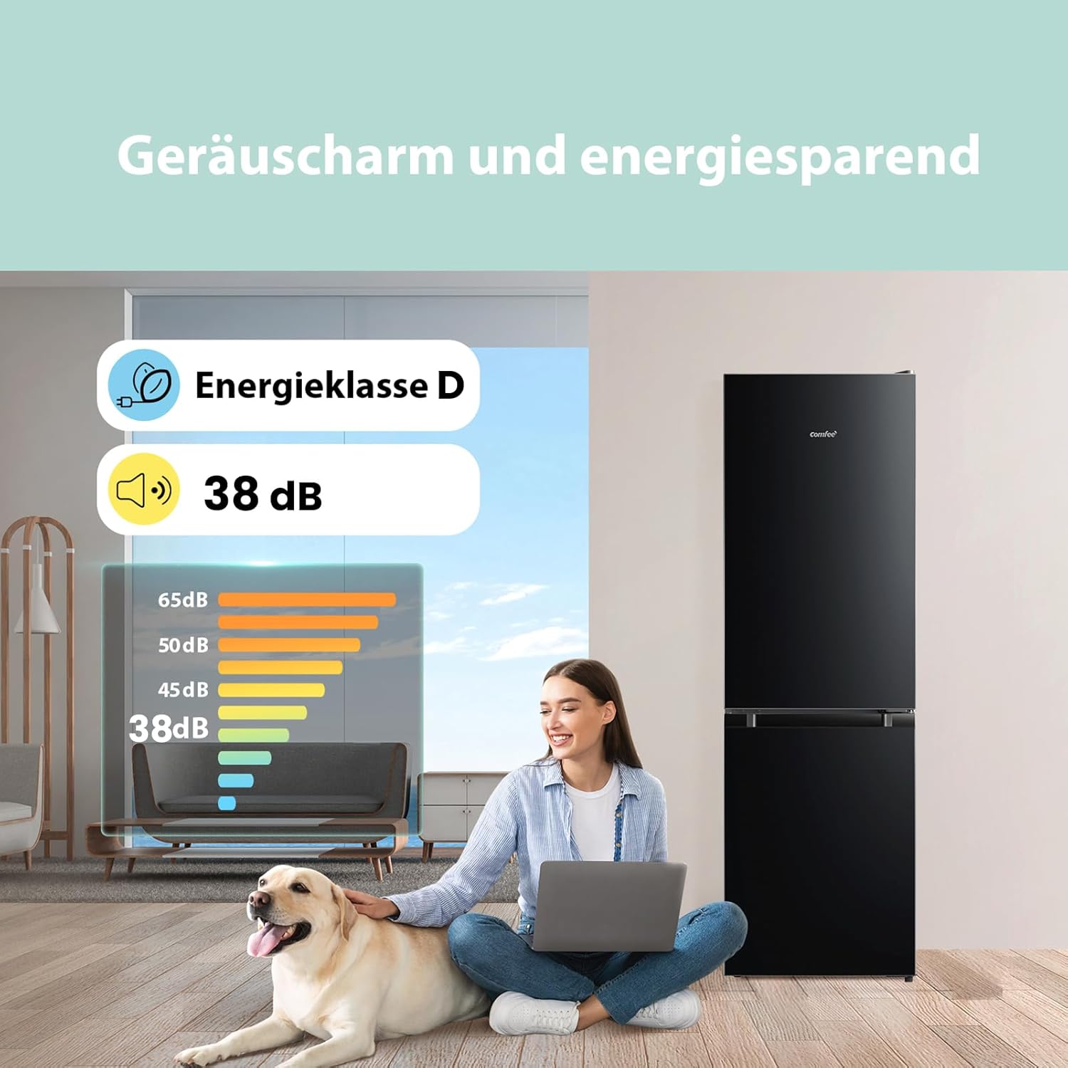 Comfee‘ Kühlschrank mit Gefrierfach RCB169DK3 | 174L Kühl-Gefrierkombination (115L Kühlteil + 59L Gefrierteil), 150 cm Höhe | 156 kWh/Jahr, Low Frost, Leise 38 dB | LED-Licht | Freistehend, Schwarz