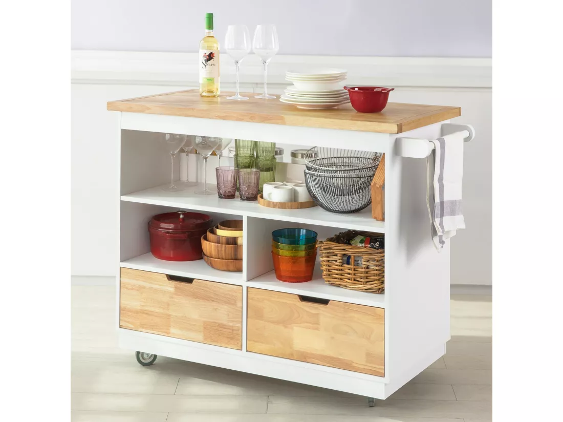 Desserte Roulante Chariot De Cuisine À Roulettes Etagère À Epices Et Deux Tiroirs, Fkw107-wn