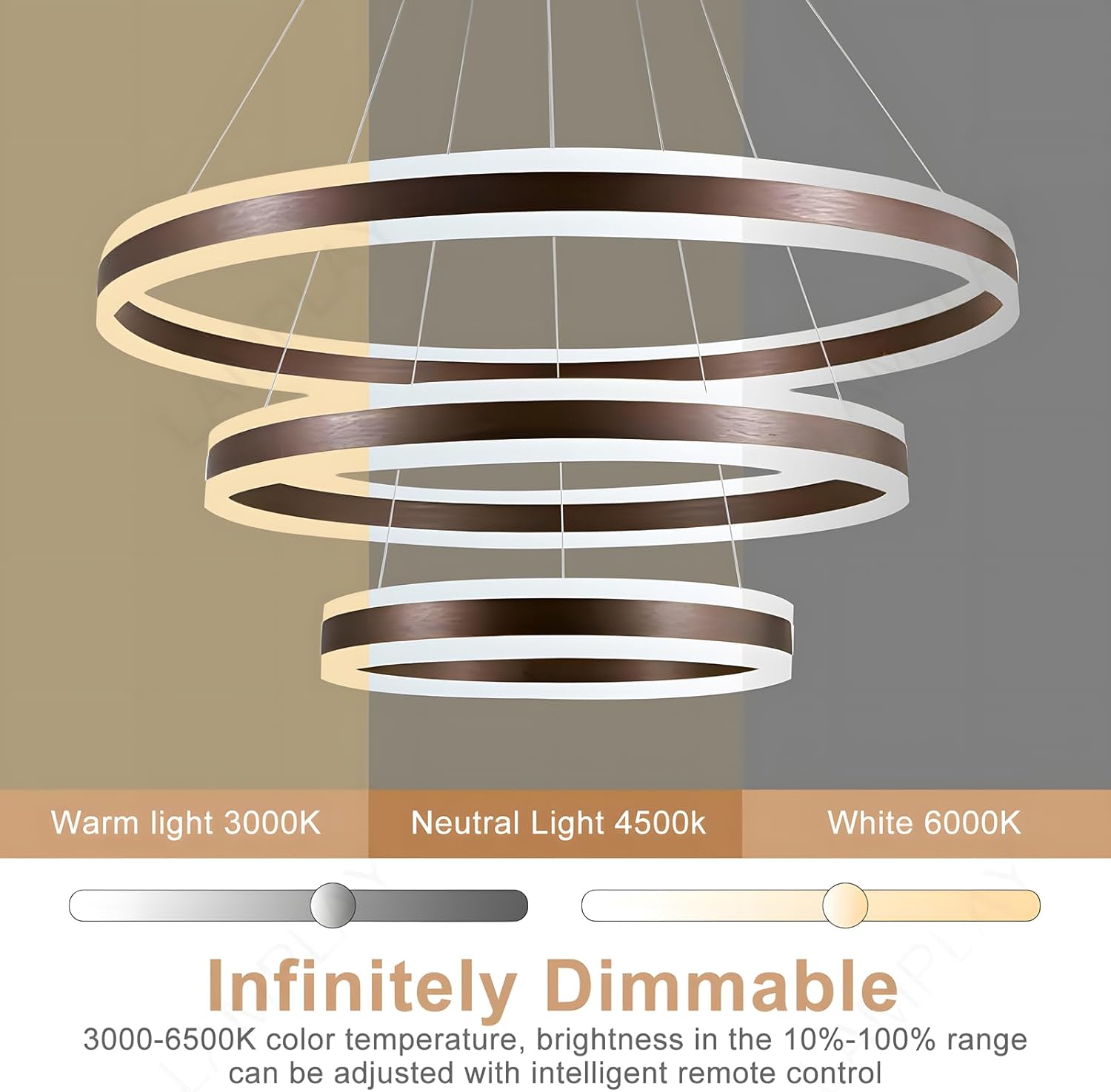 Runde Moderne LED-Pendelleuchte, 3 Braun Ring-Kronleuchter, Dimmbar Mit Fernbedienung 3000K-6000K Deckenleuchte, Höhenverstellbar, Foyer, Wohnzimmer, Schlafzimmer, Esszimmer(Ø20+40+60cm)