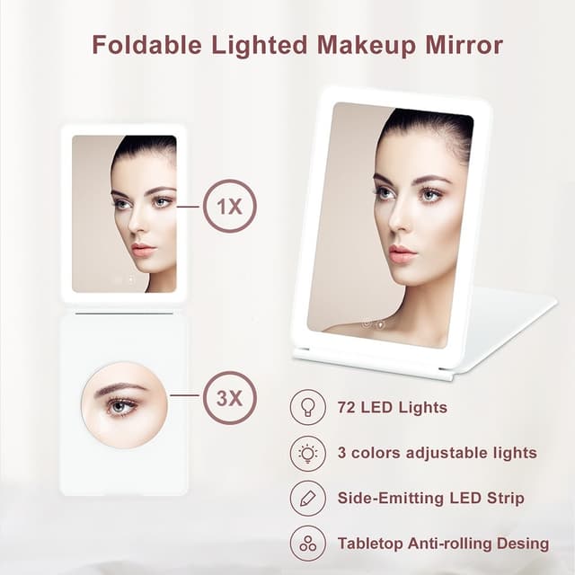 Sammenfoldeligt bærbart LED makeup spejl med 3X forstørrelse