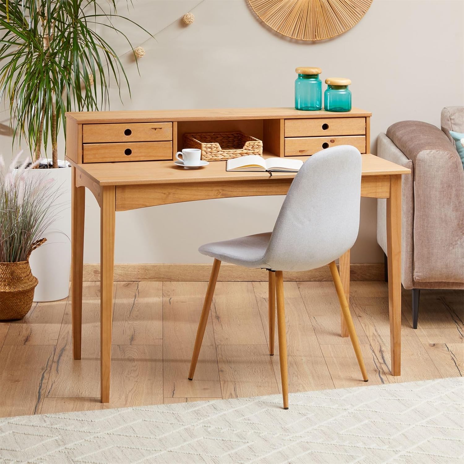 IDIMEX Schreibtisch Milano mit 4 Schubladen und 1 Fach aus Massivholz, Eiche Farben, robuste Verarbeitung PC-Tisch mit Stauraum für Büro und Home-Office