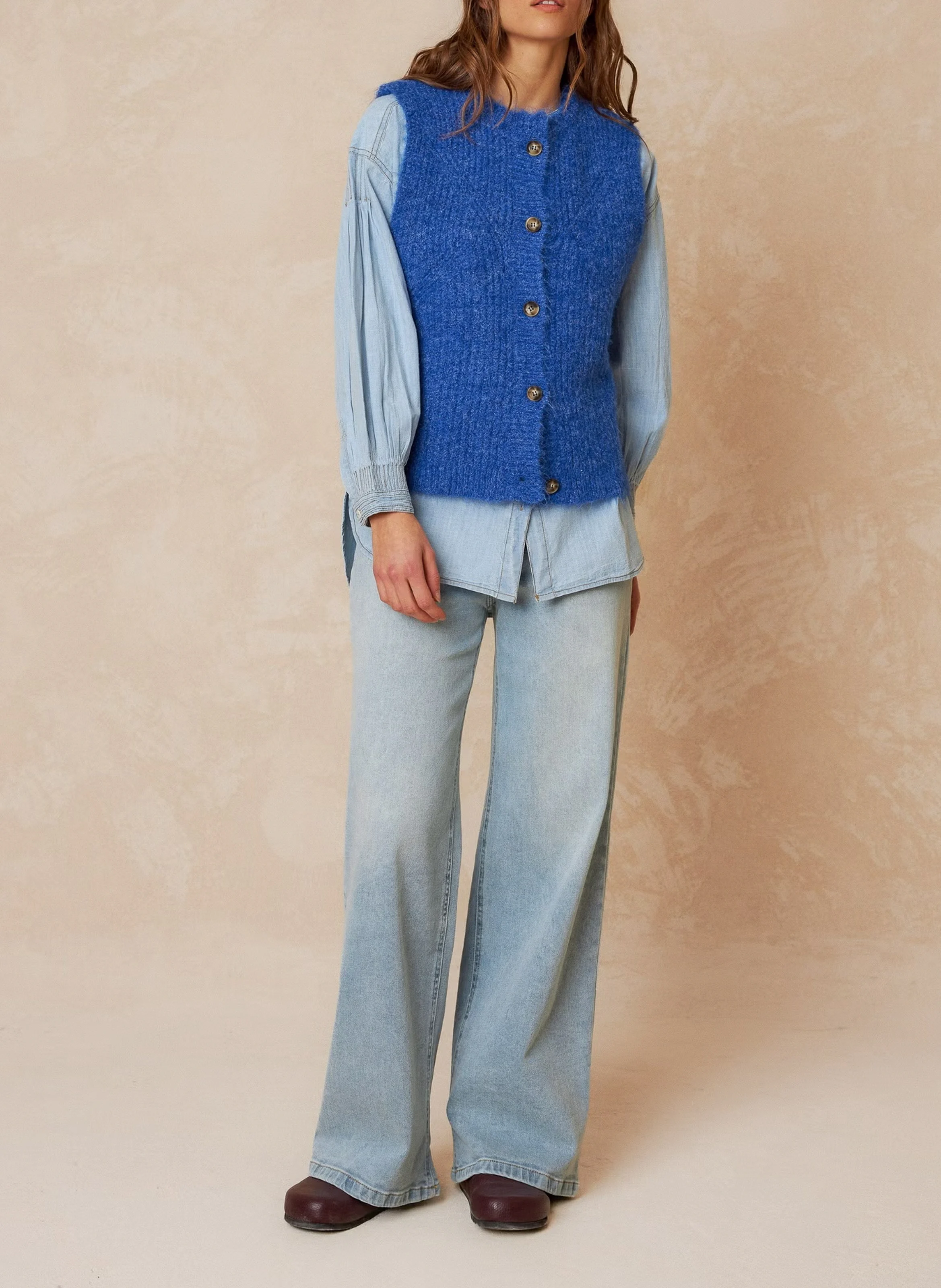 Gilet col rond| Bleu