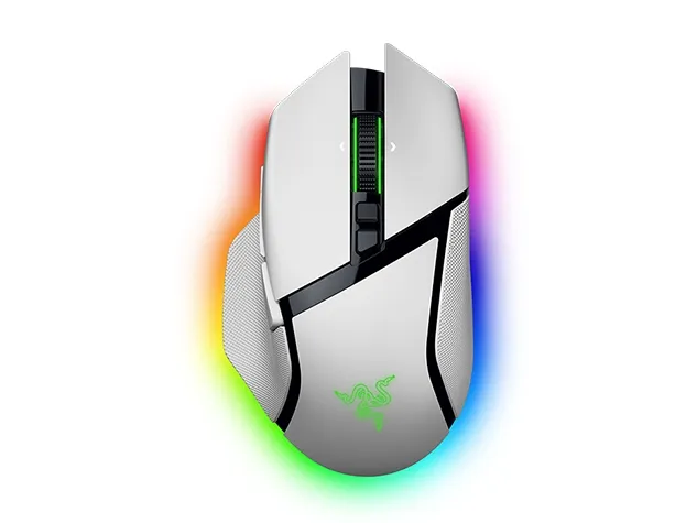 Razer Basilisk V3 pro 35K - Mus - ergonomisk - højrehåndet - optisk - 11 knapper - trådløs, kablet - Bluetooth, USB-C, 2.4 GHz - trådløs modtager (USB) - hvid