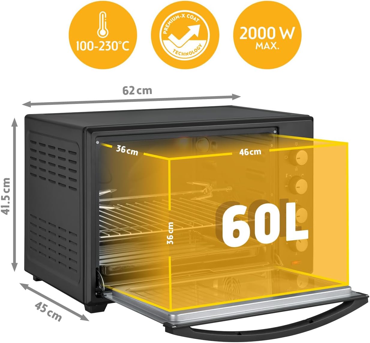 TZS First Austria - Minibackofen 60L 2000W - Mini Backofen Pizzaofen Temperaturregelung bis 230°C & 6 Modi - Geräumiger Miniofen mit 60 Min. Timer, 4 Einschubhöhen, Backblech, Grillrost & Drehspieß