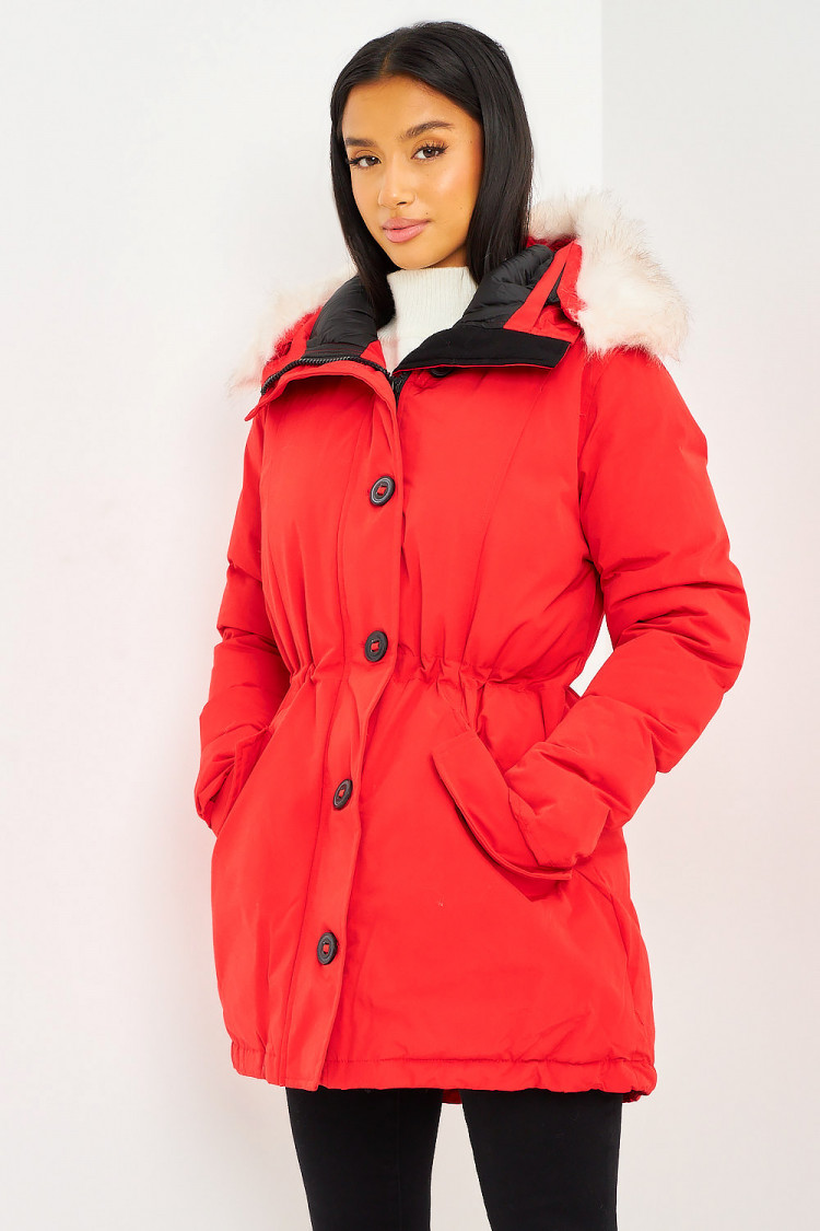 Parka rouge mi-longue à capuche fourrure blanche