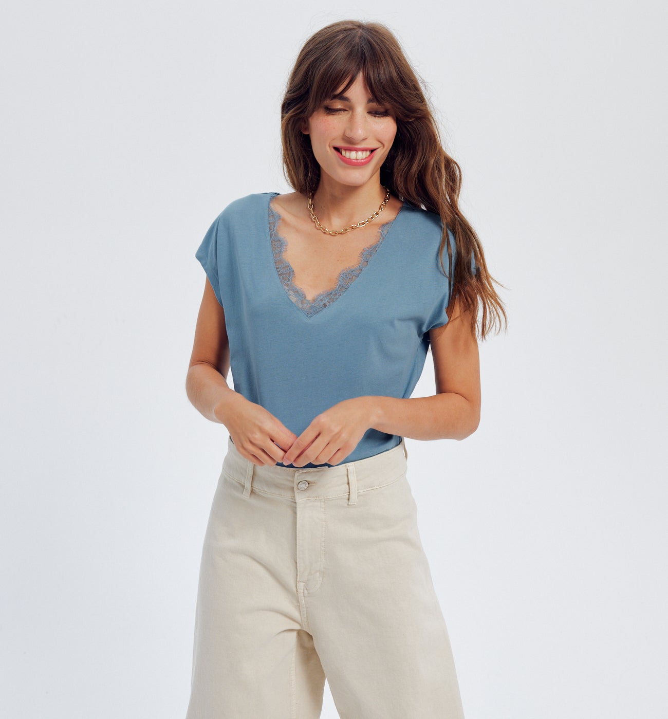 T-shirt détail dentelle Femme - Gris bleu