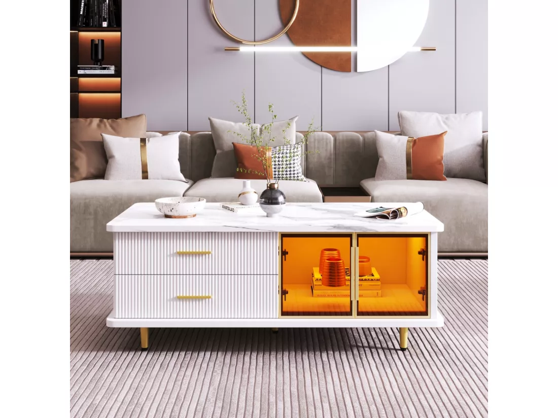 Ensemble Table basse + Meuble TV avec LED 4 tiroirs et 1 niches, plateau de table avec structure en marbre