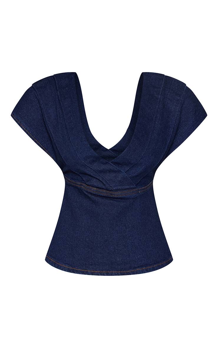 Bleu Indigo Haut Petite En Denim À Basque Et Col En V