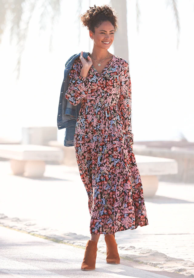 LASCANA Maxikleid mit Blümchenprint und V-Ausschnitt, Sommerkleid