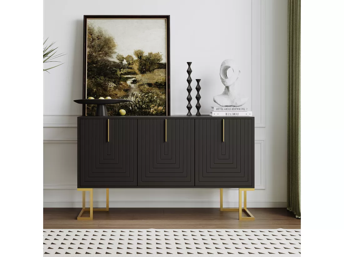 Commode buffet haut avec 3 portes noir mat motif de forme U H81/B138/T40 CRUUGREN BLACK