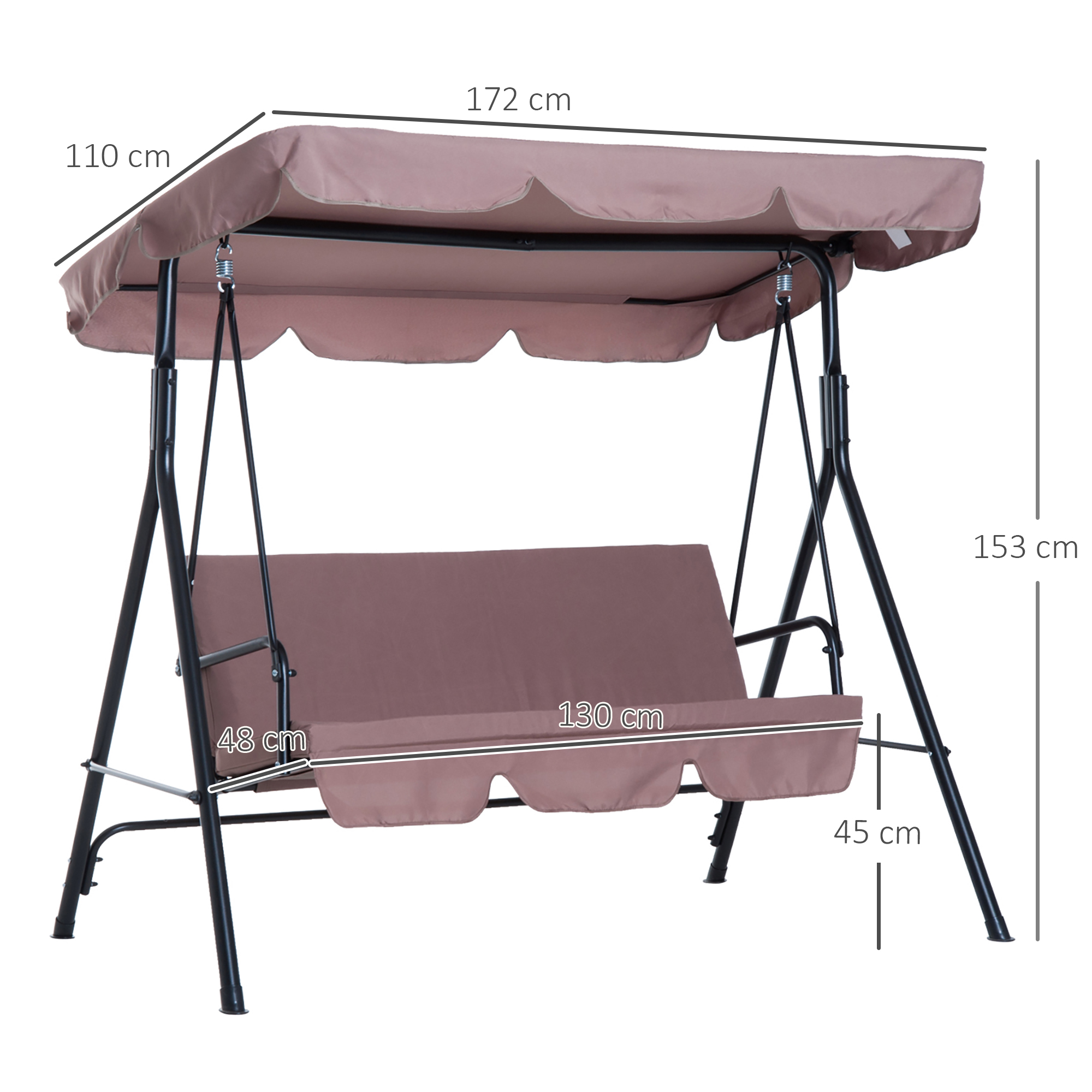 Balanço de jardim Outsunny de 3 lugares com cobertura, teto impermeável com ângulo ajustável para pátio externo, varanda, carga máxima de 200 kg, aço, 172 x 110 x 153 cm, marrom
