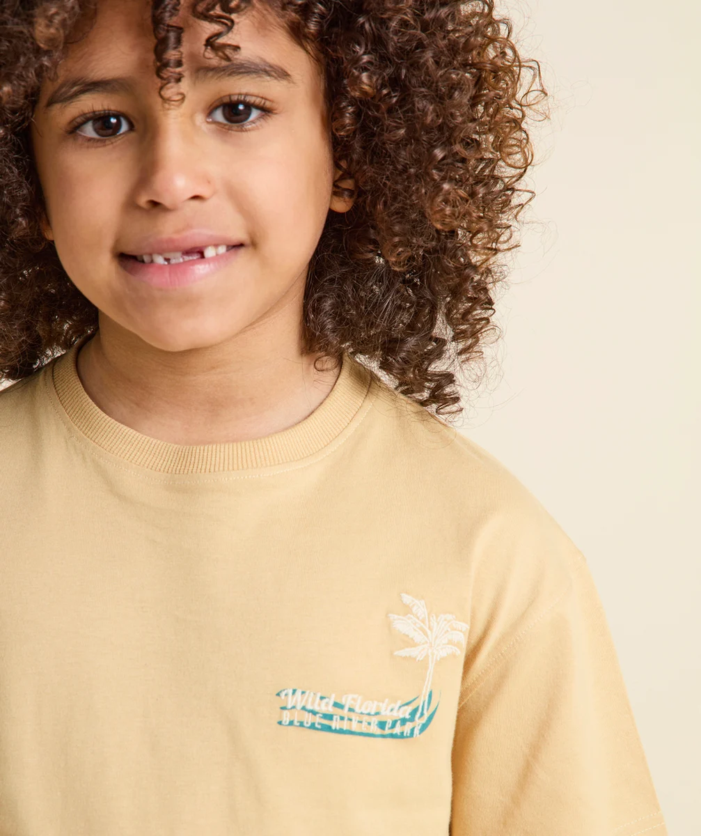 t-shirt bébé garçon en coton bio beige avec palmiers et messages florida