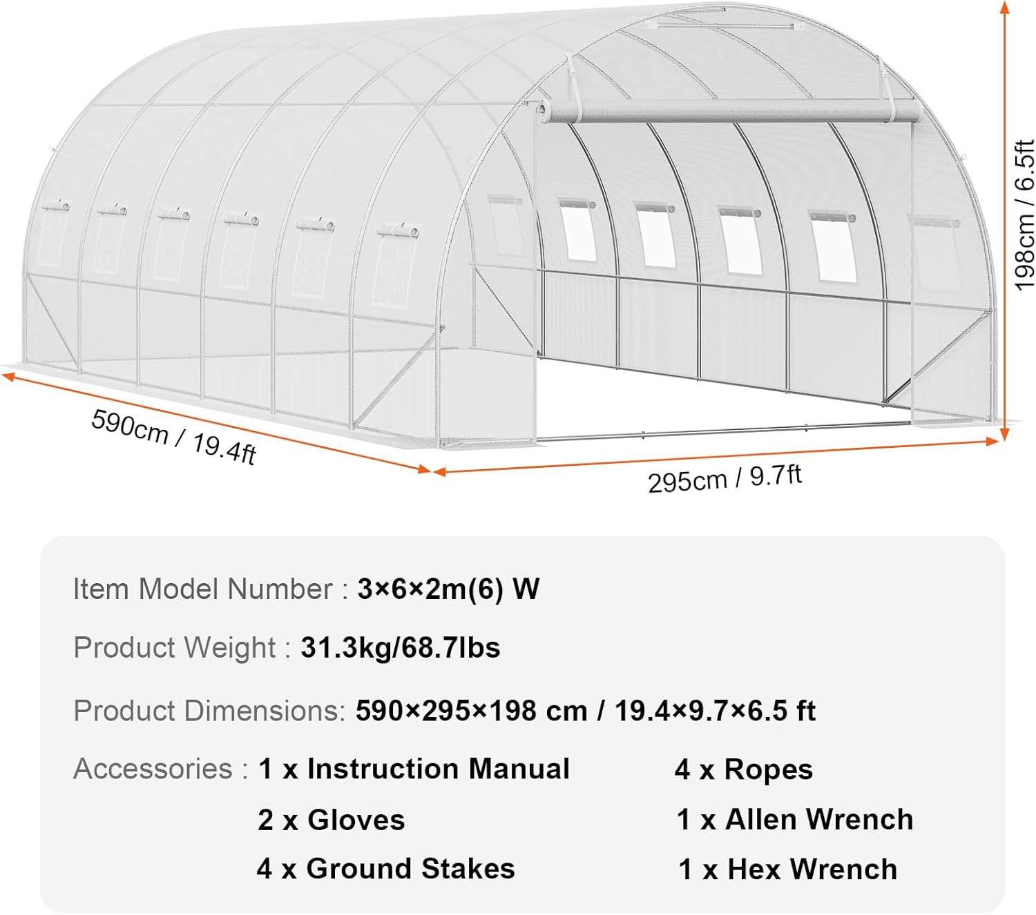 VEVOR Folien-Gewächshaus, 590 x 295 x 198 cm, Tomatengewächshaus, Treibhaus mit verzinktem Stahlrahmen, grüner PE-Abdeckung, aufrollbarer Reißverschlusstür und 12 Fenstern für den Außenbereich, Weiß