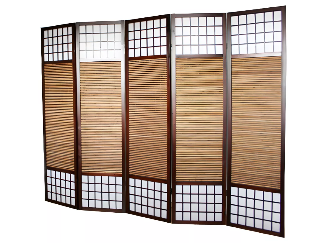 Paravent/séparateur de pièce japonais en bois avec bambou de 5 panneaux coloris marron