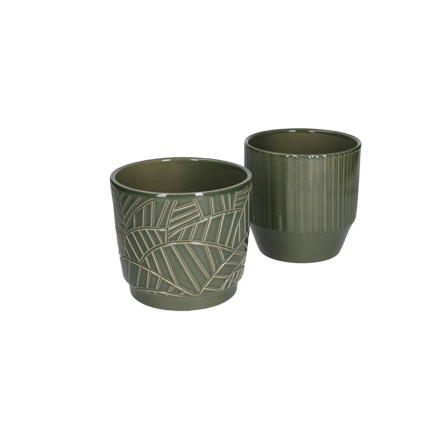 Bloempot, aardewerk, donkergroen met palmmotief, Ø 14 cm