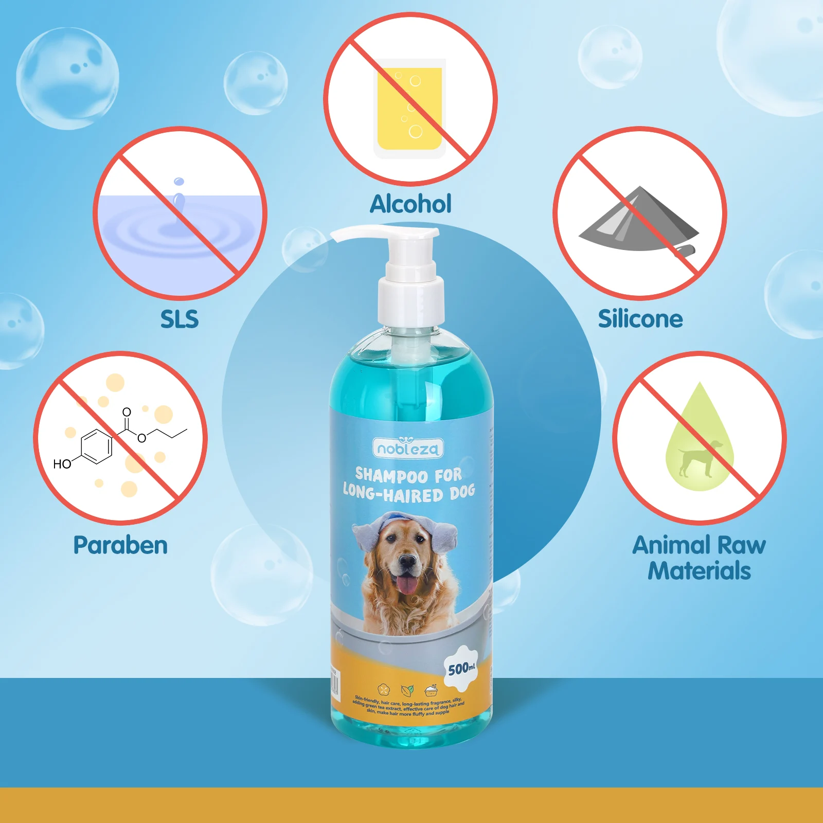 Shampoo Nobleza para Cães de Pelo Longo com Camélia Hidratante, Shampoo Desembaraçante para Cães com Fragrância de Lavanda e Cítricos, Ideal para Yorkshire Terriers, Galgos Afegãos e Malteses (500ml)