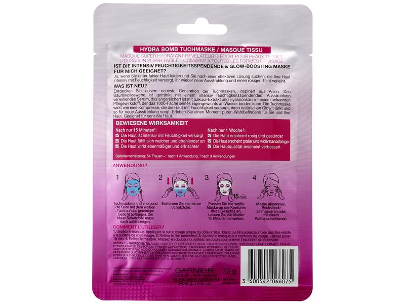 Garnier Gesichtsmaske Hydra Bomb Sakura 1 Stück Tuchmaske für fahle Haut pflegt und versorgt die Haut intensiv mit Feuchtigkeit
