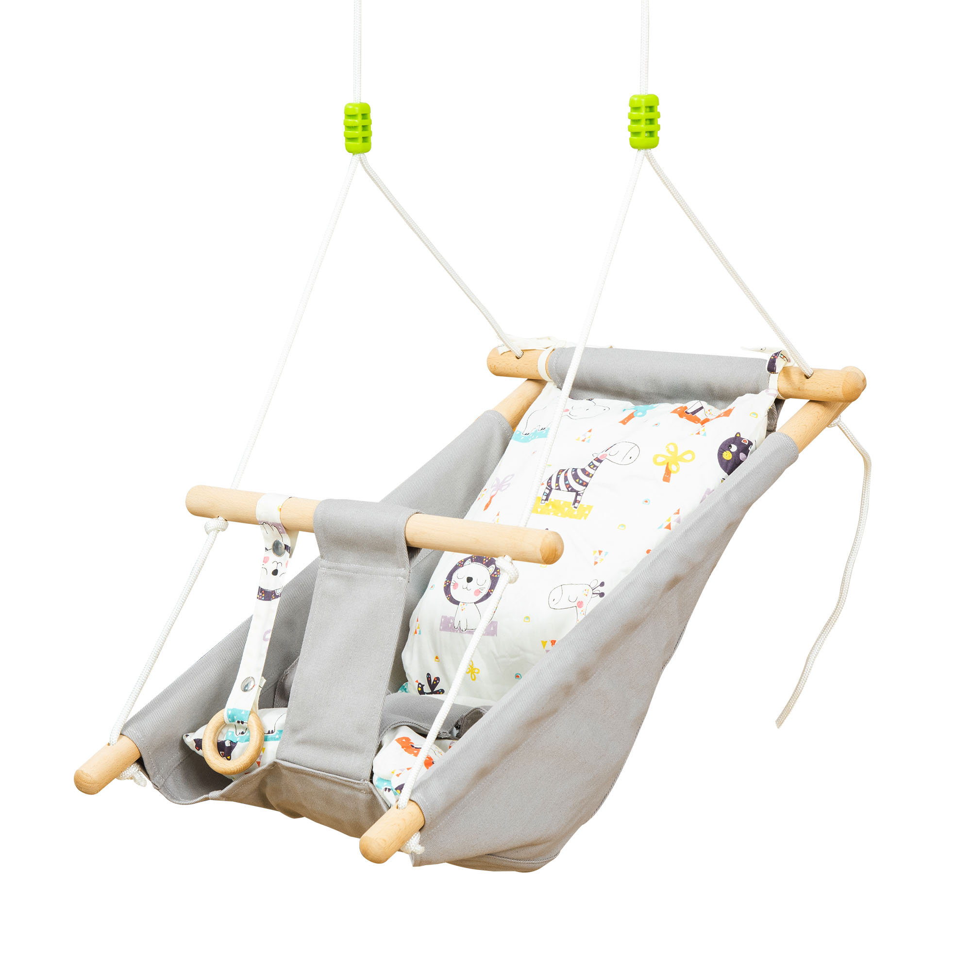 Balanço infantil Outsunny, de madeira, com altura ajustável, almofada acolchoada e cinto de segurança para uso interno e externo, suporta até 80 kg, 70x45x160 cm, cinza.