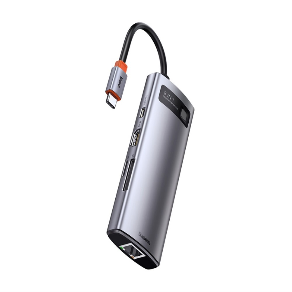 8in1 USB C Multiport Adapter mit USB C (PD) / 4K HDMI @30Hz / 3x USB 3.0 / SD / Micro-SD / RJ45 Port - Grau