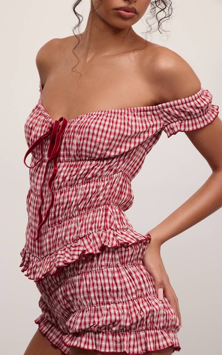 Rouge Combi-short Vichy À Volants Épaules Dénudées