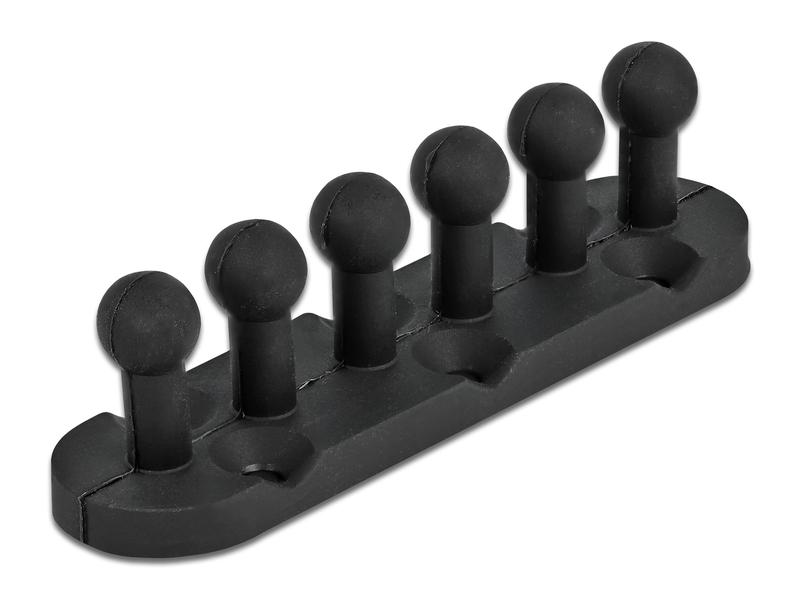 Delock Kabelhalter Schraubbar, mit 5 Durchführungen 6 Stück Delock Kabelhalter mit 5 Durchführungen selbstklebend / schraubbar 6 Stück schwarz