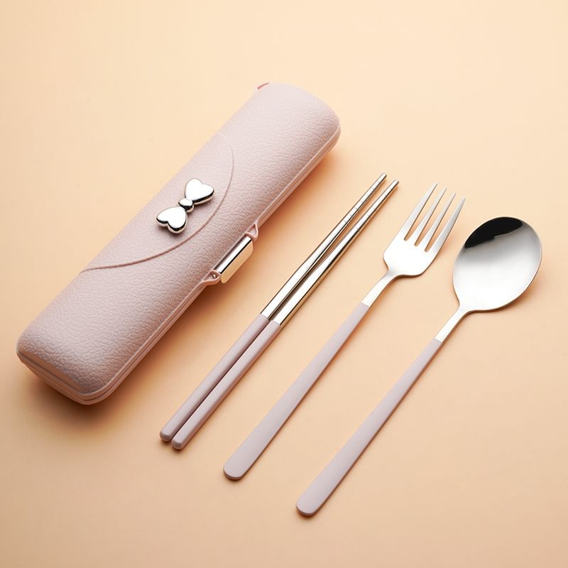 Home Simply - Eetstokjes / Vork / Lepel / Strik Kunstleren Hoes / Set van Roestvrij Staal