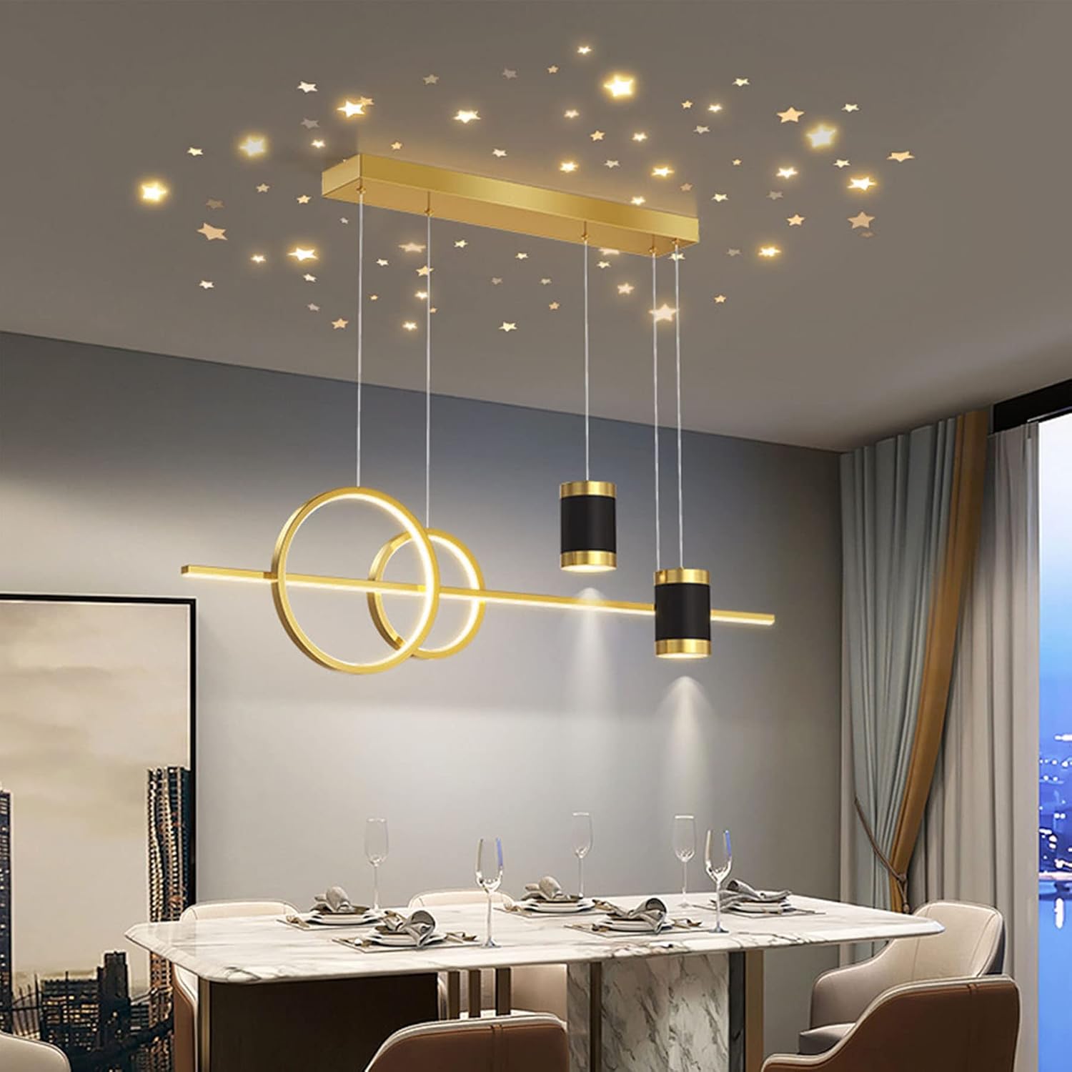 LED Dimmbar Pendelleuchte Modern 45W Neu Entwurf sternenklarer Himmel Hängelampe mit Fernbedienung Pendellampe höhenverstellbar kreativ Hängeleuchte lampe für Esstisch Esszimmer Wohnzimmer (Gold)