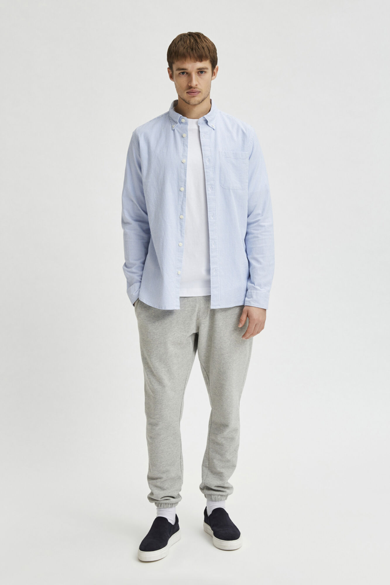 Camisa de manga comprida com bolso, 100% algodão - Azul