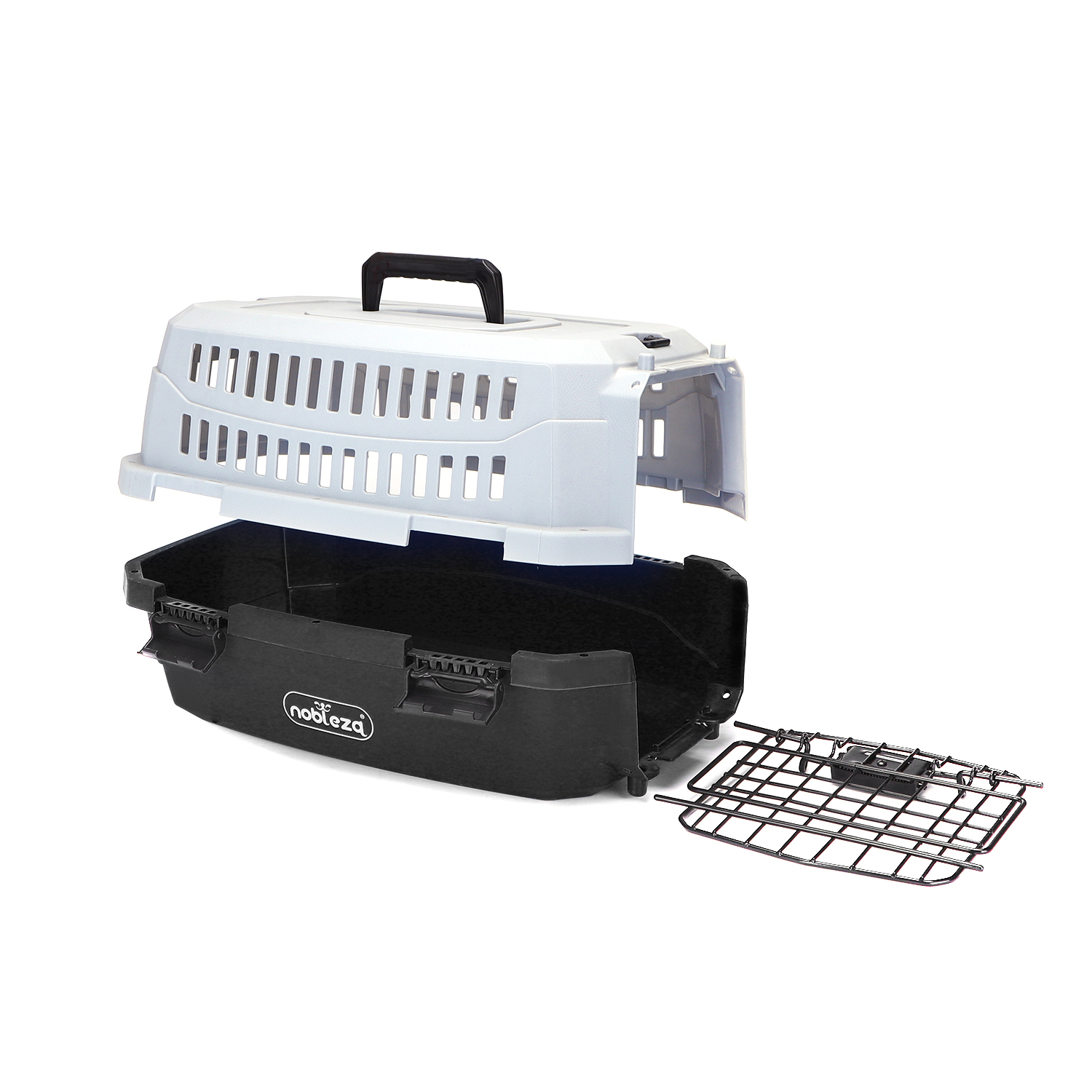 Transportadora Nobleza de plástico preta e cinza para cães e gatos.