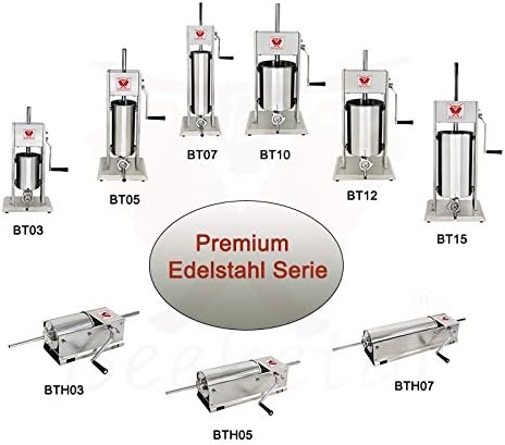 Beeketal 'BTH07' Edelstahl Industrie Wurstfüllmaschine (7 L Volumen/horizontale Ausführung), Profi Wurstfüller mit 2 Gang Vollmetall-Getriebe und Handkurbel, inkl. 5 Fülltüllen