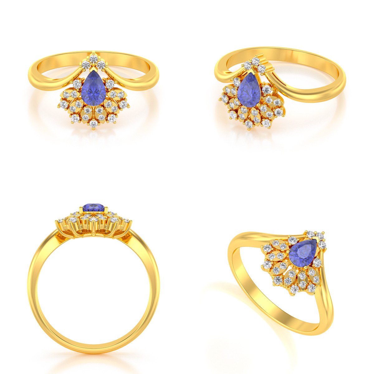 Bague ADEN Or 585 Jaune Tanzanite et diamants 3.6grs