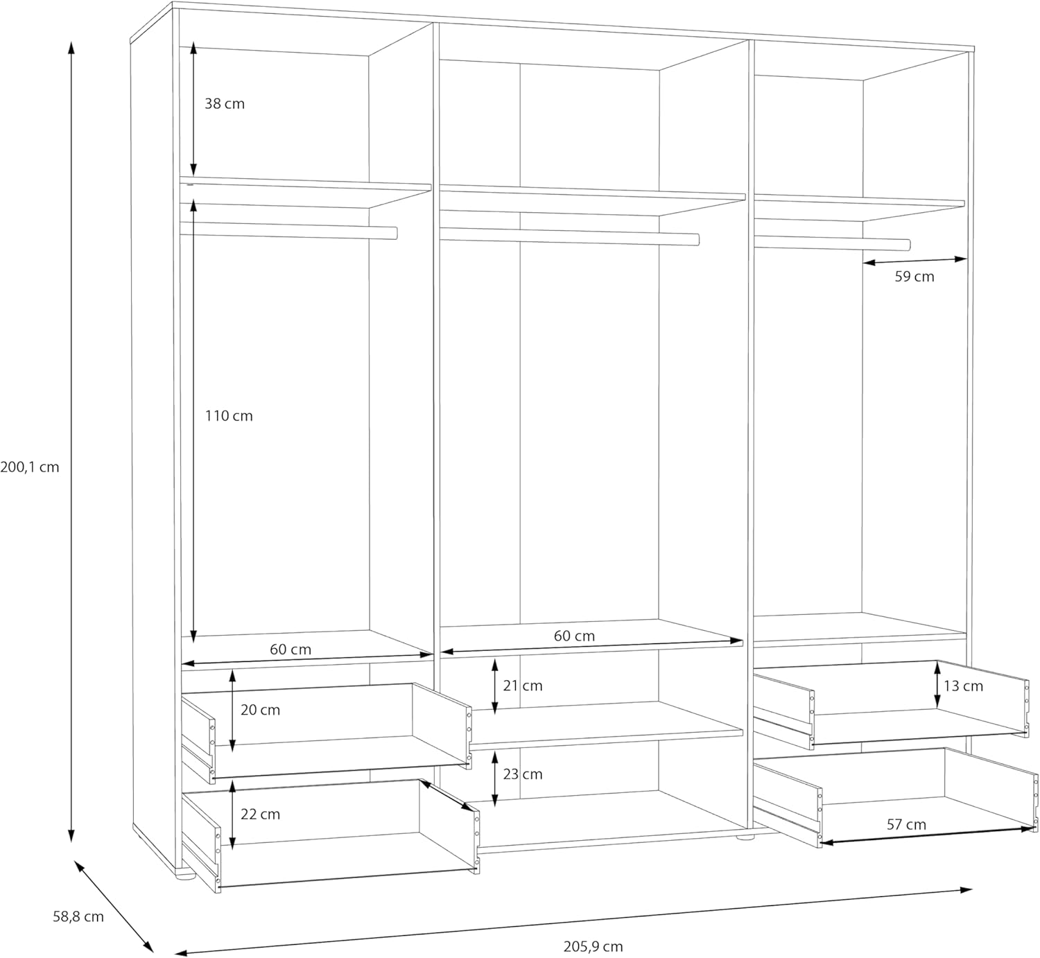 FORTE Jupiter Schrank 200 210, weißer Kleiderschrank, Drehtürenschrank, 4-türig, mit 4 Schubladen und Einlegeböden, Weiß mit Holz Dekor: Mauvella Eiche, 206 cm breit x 59 cm tief x 200 cm hoch