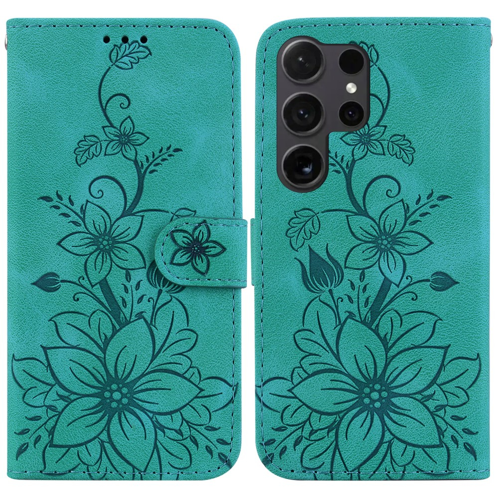 Samsung Galaxy S25 Ultra Leder Tasche Wallet - Blumen Imprint - Türkis