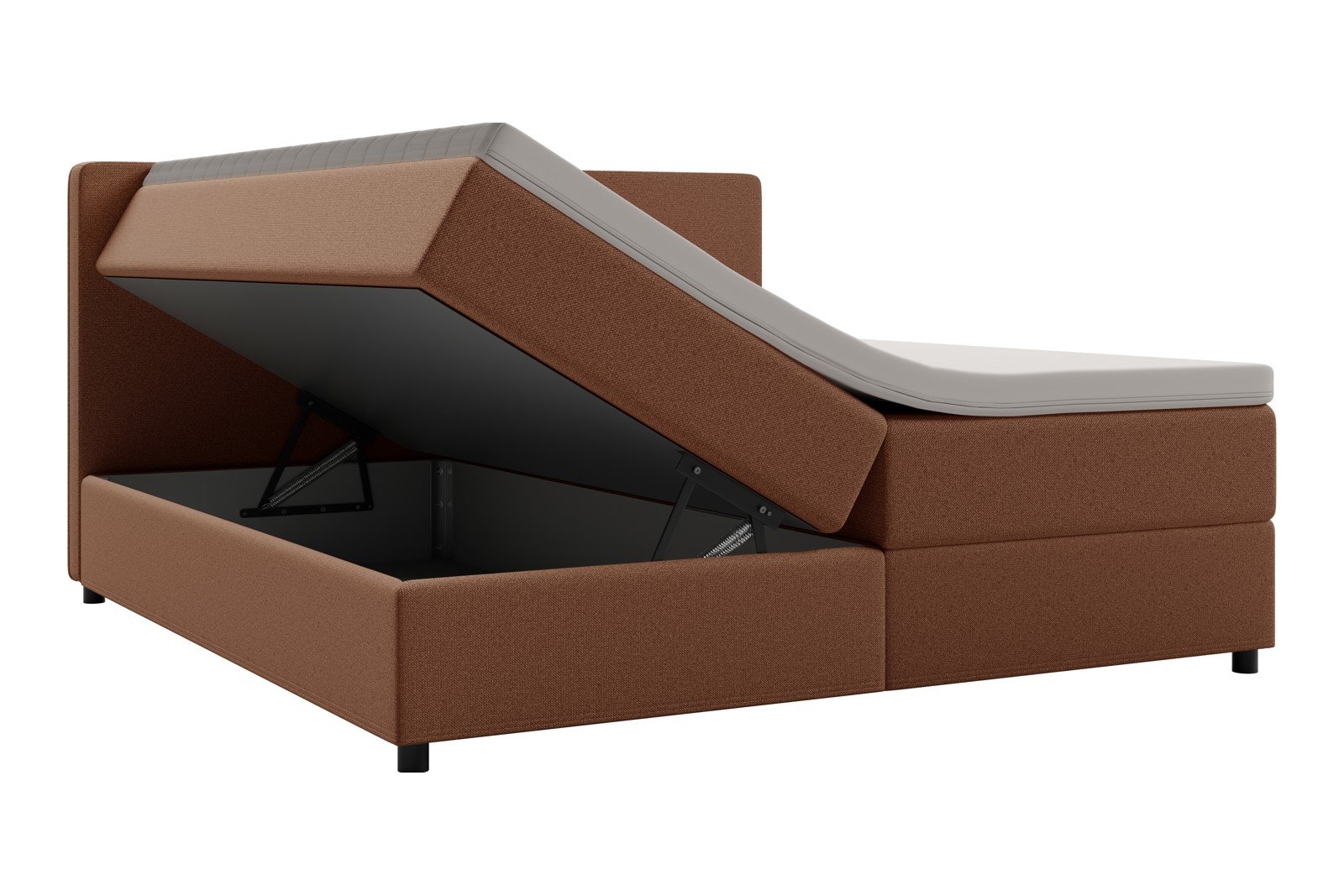 Premium 10 oppbevaringsseng 140x200 cm Magasinseng med oppbevaring, åpnes fra siden. I tekstil storm 54 tan, med medium fasthetsgrad og premium 10 overmadrass,sorte ben. Sengegavl selges separat.