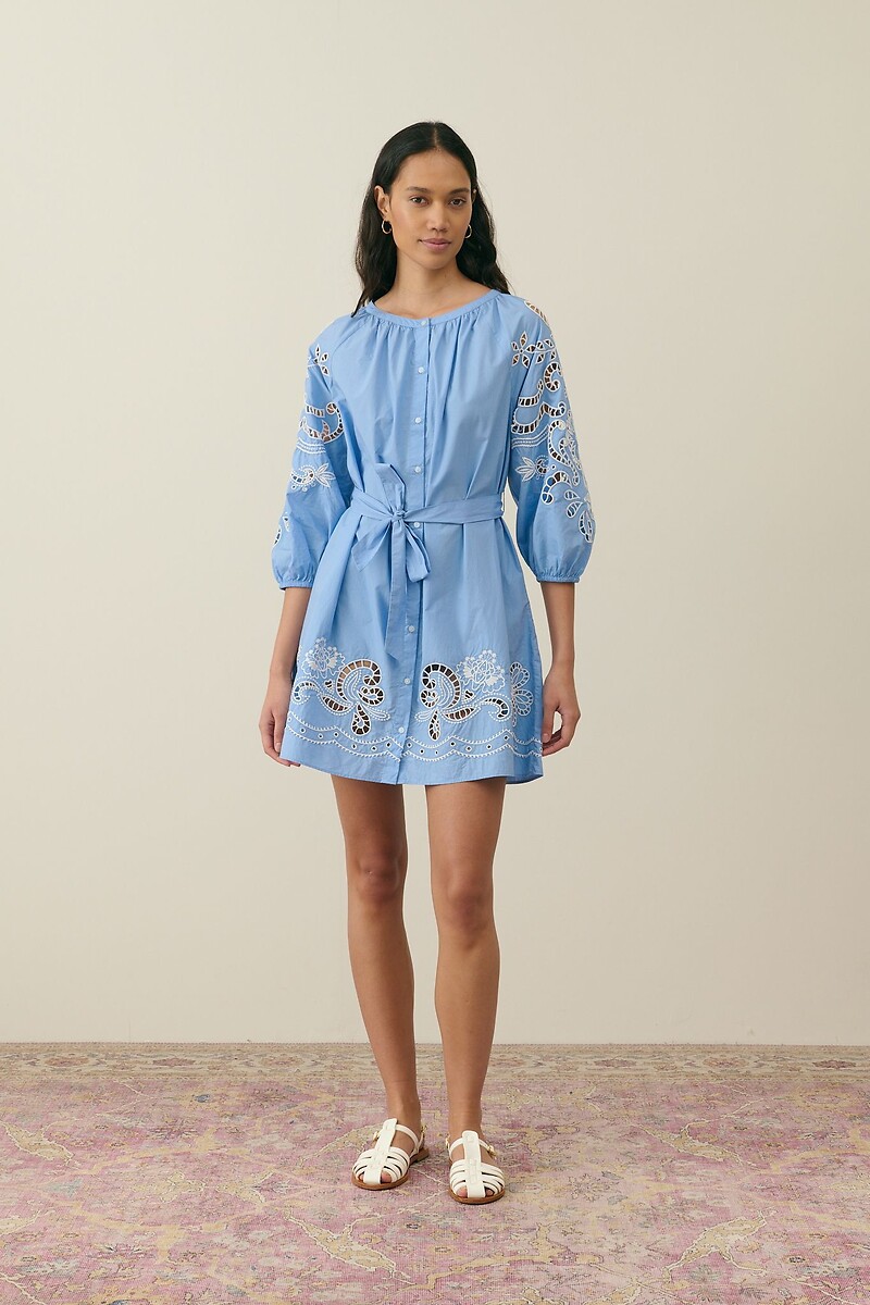 LOUISE MISHA<br>Vestido curto bordado, decote redondo, mangas 3/4, RINALA