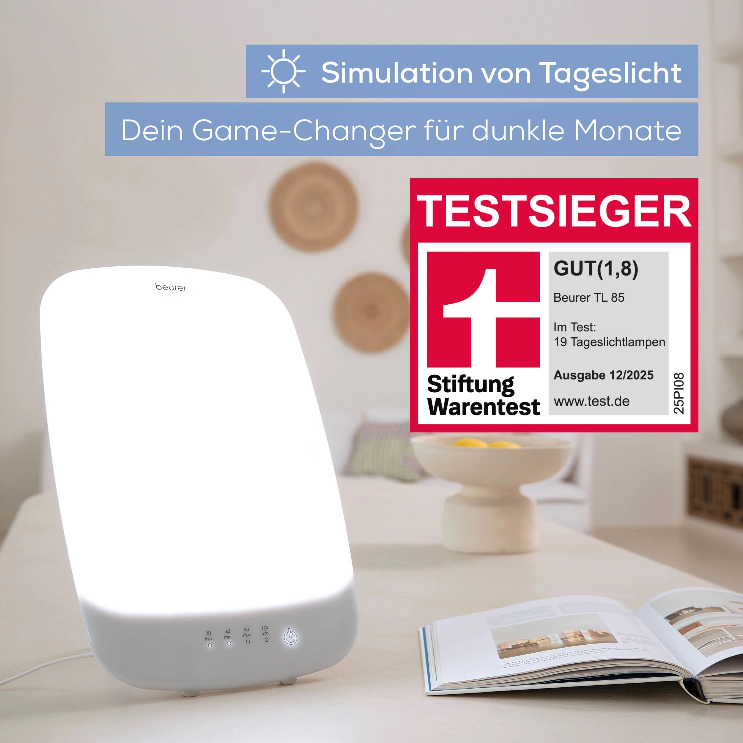 TL 85 Tageslichtlampe Lichttherapie zur Tageslicht Simulation mit 4 Lichtstufen (60842) - Weiss