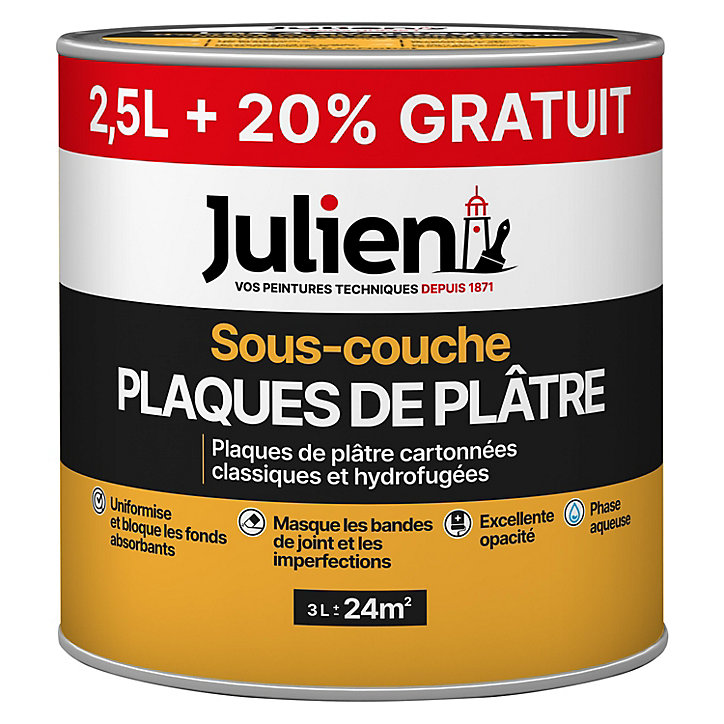 Sous-couche Plaques platre murs et plafonds pièces sèches Julien Mat Blanc 3L 2,5L + 20% gratuit