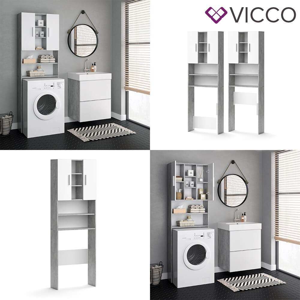 VICCO Waschmaschinenschrank LUIS 190x64cm Weiß Beton Badschrank Hochschrank