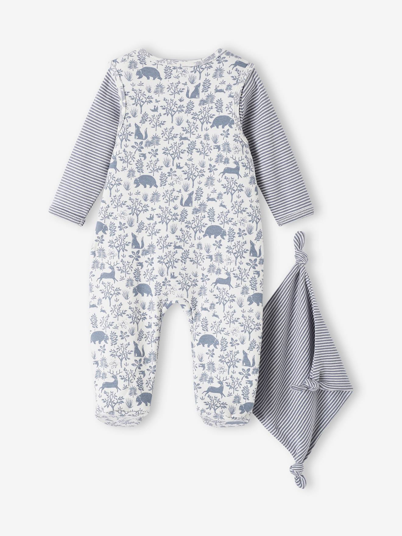 Conjunto de 3 peças para recém-nascido: macacão + body + manta de algodão orgânico na cor jeans azul.