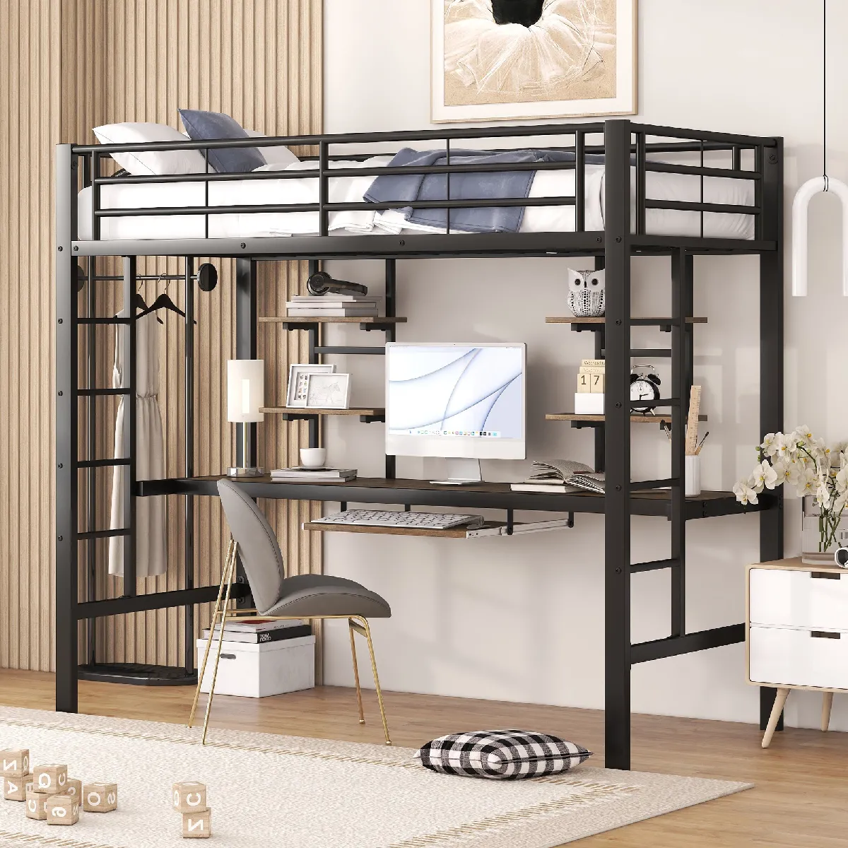 KOMHTOM Lit En Métal - 90 X 200 cm - Cadre De Lit Avec Bureau Et Deux Étagères Pour Enfants - Adolescents Et Adultes - Noir
