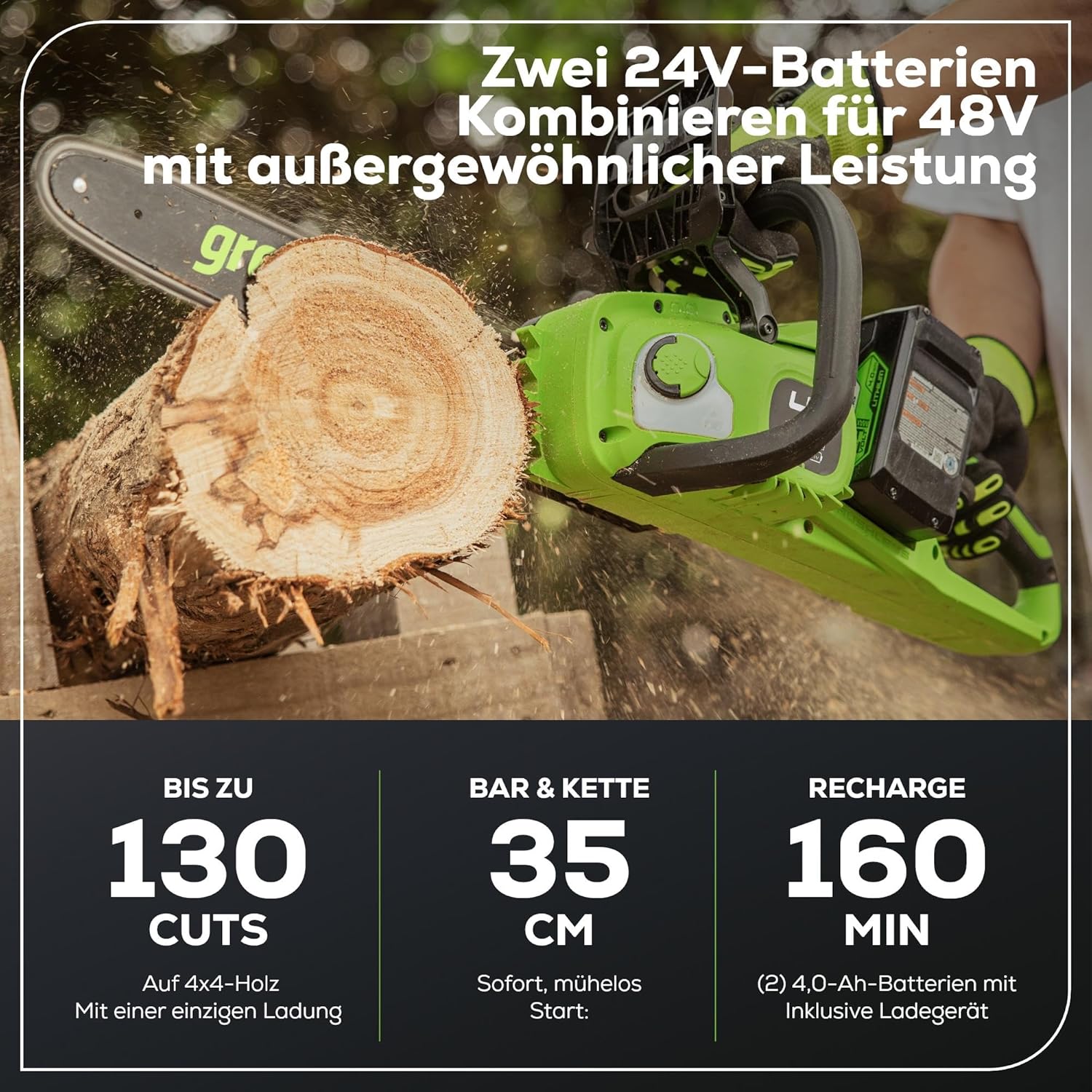 Greenworks 48V (24V x 2) Akku Kettensäge mit bürstenlosem Motor, 35cm Blattlänge, 20 m/s Kettengeschwindigkeit, Auto-Öler, Mit zwei 4Ah Akkus & Doppel-Ladegerät, 3 Jahre Garantie-GD24X2CS36K4X