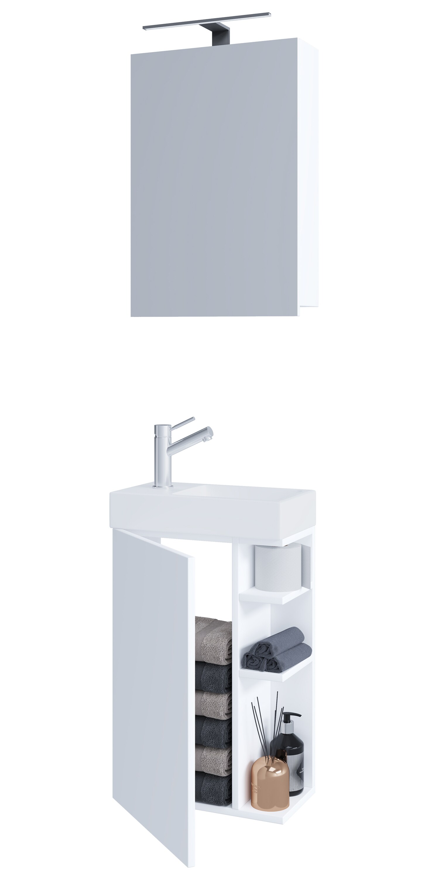 VCM 3-tlg Badmöbel Set Gäste WC Gästebad Waschplatz Waschtisch klein schmal Lumia Spiegelschrank